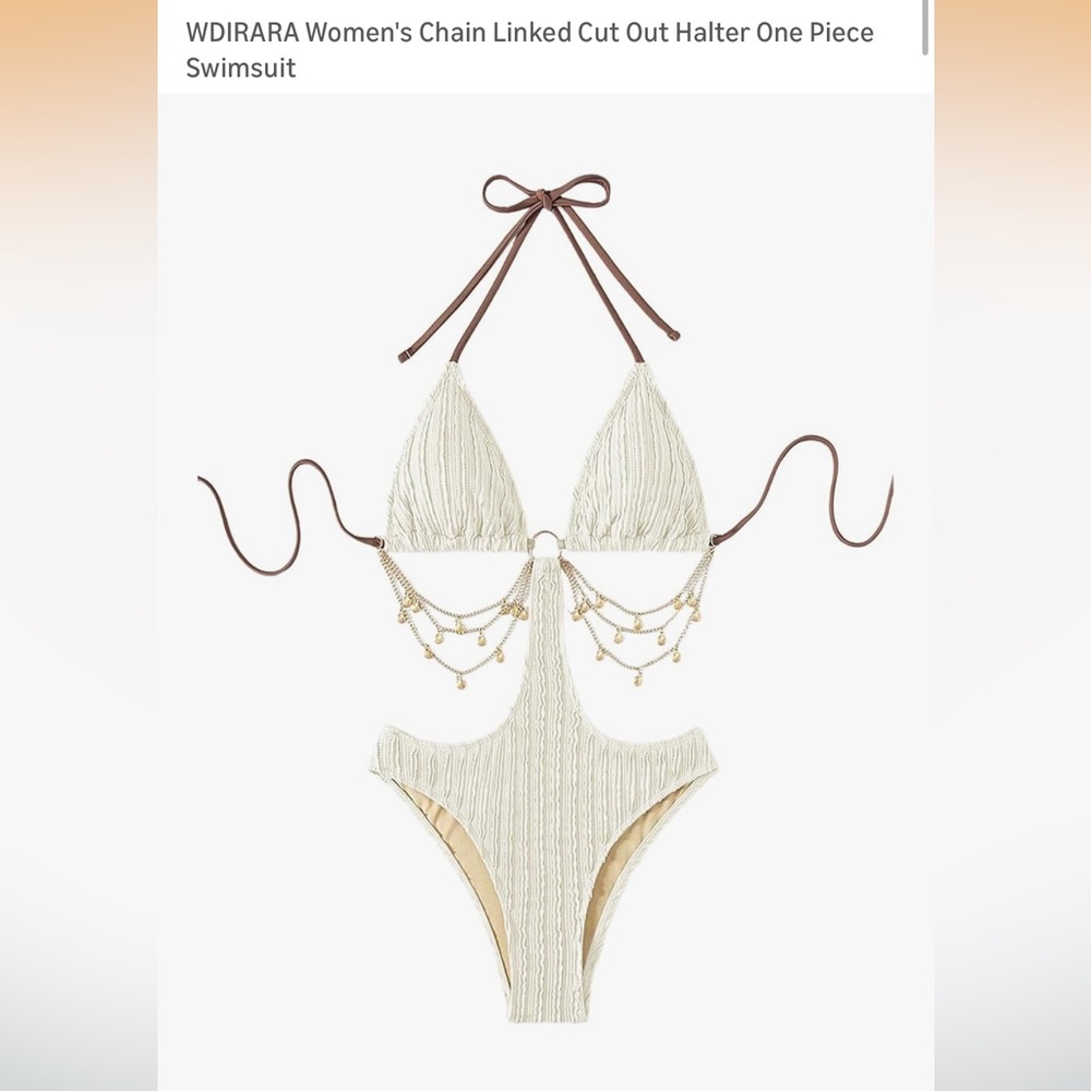 WDIRARA Women's Chain Linked Cut Out Halter One Piece Swimsuit - Beige